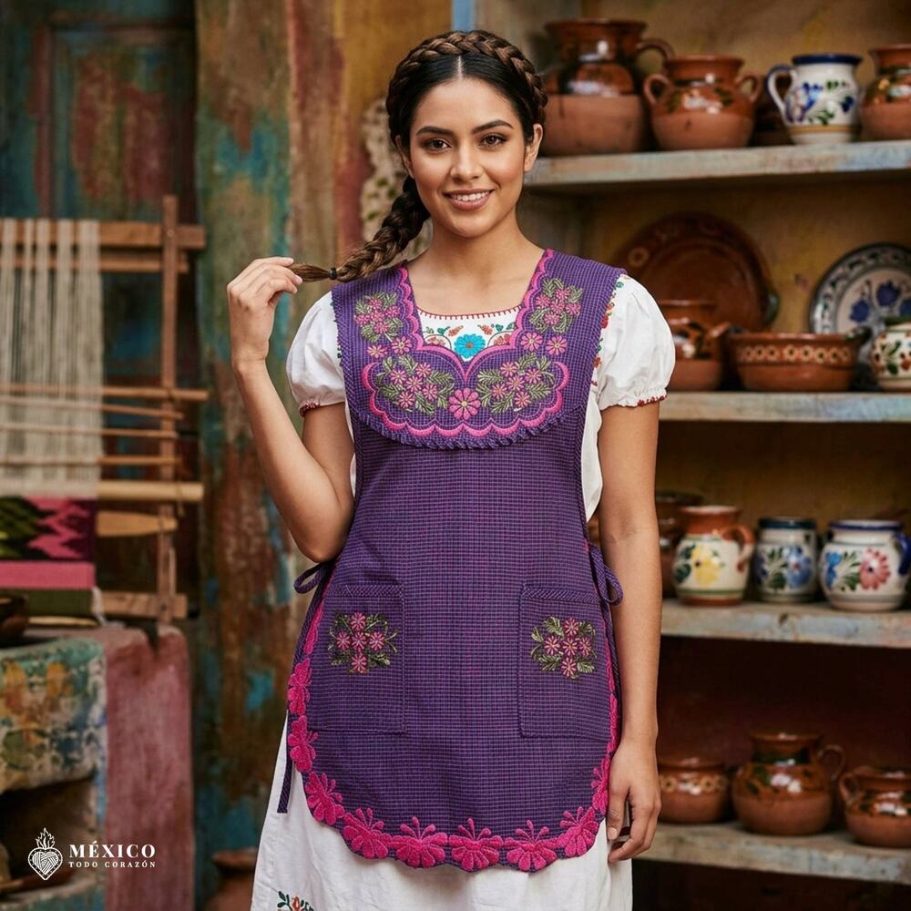 Mexican Embroidered Smock Apron – Floral Traditional Design